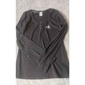 Calvin Kline Womens Black Long Sleeve Henley Sleep Shirt Ribbed Texture Size M